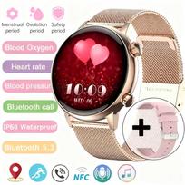 Moterų NFC išmanusis laikrodis 1,19  AMOLED pilnas jutiklinis ekranas Balso skambučiai Sveikatos išmanusis laikrodis Širdies ritmo kraujo deguonies stebėjimas Vandeniui atsparus mesh belt auksas