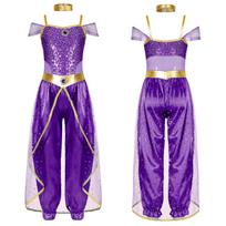Mergaičių arabų princesės kostiumas be rankovių su blizgiais blizgučiais ilgas kombinezonas su kakleliu, skirtas Cosplay pilvo šokių puošmenai 5-6 Years violetinė