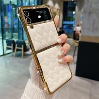Prabangus paauksuotas deimantinis odinis dėklas Samsung Z Flip 6 Flip 5 Flip 4 3 atsparus smūgiams Flip6 telefono dėklas Coque For Galaxy Z Flip 6 beige