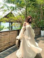 High-end heavy industry white dress female super fairy long-sleeved ruffle edge slanted shoulder dress temperament waist vacation dress S beige