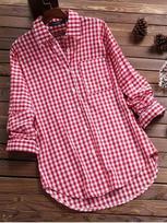 Dideli kiekiai sandėlyje, moteriški ebay laisvi languoti su atvartais ilgomis rankovėmis marškiniai su kišenėmis. 5XL raudona