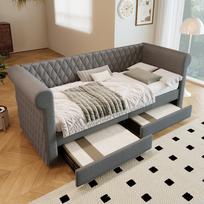Vintage Headboard Bed 90x200 cm, Daybed with 2 Storage Drawers, Children's Bed Frame with Wooden Slatted Frame, Linen, Grey (Mattress Not Included) 222 x 99 x 72 cm pilka