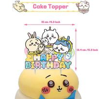 Chiikawa tema gimtadienio šventės dekoracijų rinkinys: Torto papuošimas, Balionai, Vėliavėlė ir Suktukas rinkinys Cake Topper1 white