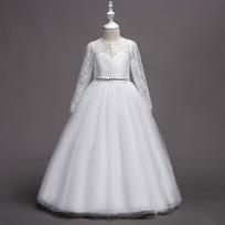 Mergaičių princesės suknelė ilgomis rankovėmis nėriniuota vestuvinė suknelė 150cm (Height 140-150cm) balta