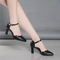 Fashion 2024 High-heeled Solid Color Sandals Female Fairy Style Summer New Baotou One-word Buckle Thick Heel Ladies Comfortable Shoes 40 juoda