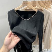 Autumn Long Sleeve Base V-neck Knitted Pullovers Women Sweaters Fashion Solid  Slim Fit Winter Sweater Women Beading Drawstring Ladies Sweater 26043 One Size juoda