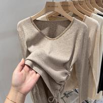 Autumn Long Sleeve Base V-neck Knitted Pullovers Women Sweaters Fashion Solid  Slim Fit Winter Sweater Women Beading Drawstring Ladies Sweater 26043 One Size beige