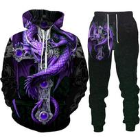 Vintažinis drakono tatuiruotės Hoodie 2 vnt. rinkiniai 3D kamufliažinis spaudinys Vyriški/moteriški su gobtuvu džemperiai ir kelnių rinkiniai Oversize madingi vyriški drabužiai 6XL purple