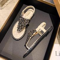 Clip-toed Sandals Women's Summer Fairy Style Fashion Rhinestone Ladies Flat Roman Shoes Women's Plus Size Women's Shoes 38 balta