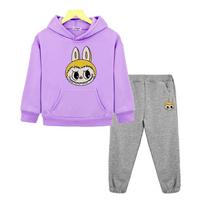 labubu Kawaii Anime hoodie Fleece sweatshirt boys girls Hooded Sets Cartoon Jacket 2pcs pullover+pants  kids boutique clothes 150 pink