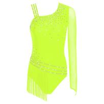 Moterų gimnastikos triko Asimetriškas peties dizainas Blizgantis kalnų krištolo kutų Bodysuit Lotynų šokių apranga S fluorescencinė geltona spalva