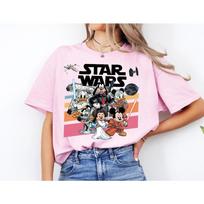 Disney x Žvaigždžių karai personažų derinimo marškinėliai, Unisex retro mokslinės fantastikos animacinių filmų gatvės stiliaus marškinėliai, 100% medvilnės laisvalaikio trumpomis rankovėmis viršutinė dalis S juoda