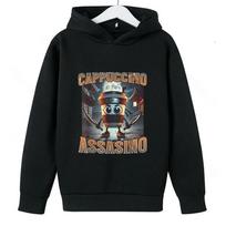 Autumn Kids Italian Brainrot Cappuccino Assassino Emoji Printed Pullover Hoodie Boys Girls Outdoor Casual Hooded Sweatshirt 160 black