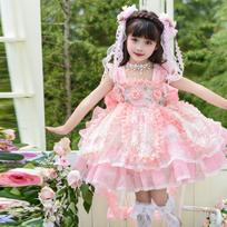 Vasarinė Lolita Princesės Suknelė Mergaitėms - Pūsta Stiliaus su Elegantišku Gėlių Raštu, Puikiai Tinka Gimtadienio Šventėms beige