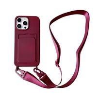 Kryžinė apykaklė Dirželis Kortelių laikiklis Piniginė Telefono dėklas iPhone 16 14 12 Pro Max 13 17 Air XS XR 15 Plus 17 Pro Minkštas dėklas For iPhone 12&Case & Strap vyno raudonos spalvos