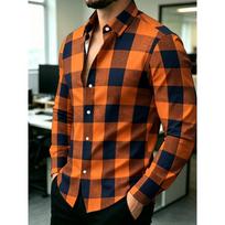 Vyriški Oranžiniai Mėlyni Dideli Langai Ilgomis Rankovėmis Marškiniai su Apykakle Retro Langai Atsitiktiniai Verslo Liekninantys Langai Marškiniai 5XL orange