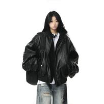 Unisex Negabaritinis Juodas Odinis Švarkas Rudeniui Atsitiktinis Gatvės Stilius Trumpas Cropped Su Gobtuvu Biker Stilius XL juoda