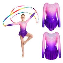 Merginų gimnastikos šokio kostiumas su kalnų krištolu puoštu gradiento U formos nugaros ilgų rankovių peplumu triko scenos pasirodymui, konkursui 11-12 Years pink