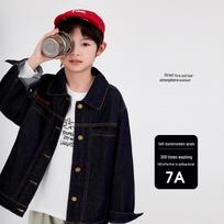 2026 Autumn New Arrival: Hong Kong Style Retro Fashion Denim Jacket for Boys – Trendy Versatile Lapel Outerwear 120cm (Recommended Height 110-120cm) tamsiai mėlyna spalva