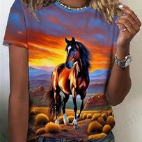 Moterų marškinėliai 3D žirgo spaudiniu Mados moteriški Crew Neck trumpomis rankovėmis marškinėliai Gyvūnų grafikos marškinėliai Moteriški viršutiniai drabužiai 4111 6XL orange