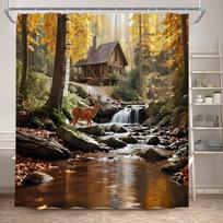 Rudens miško briedis Dušo užuolaida Rustic Raudoni klevai Krioklys Laukinių gyvūnų Rudens peizažas Vonios užuolaidos Namų vonios kambario dekoras 120x180cm-47x70in