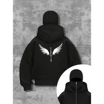 New Arrival Men's Dark Style Double Cap Sweatshirt, Unisex Print Zip-Up Hoodie, Trendy Streetwear Jacket XXL gray