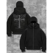 New Arrival Men's Dark Style Double Cap Sweatshirt, Unisex Print Zip-Up Hoodie, Trendy Streetwear Jacket M gray