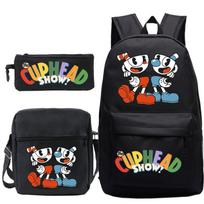 Animacinis puodelio galvos puodelis Cuphead studento kuprinė įstrižas krepšys pieštukinė pradinės ir vidurinės mokyklos moksleivių vaikų mokyklinė kuprinė trijų dalių komplektas three-piece set black