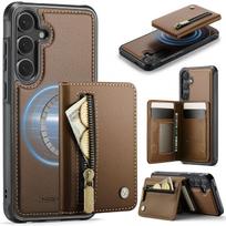 2 viename nuimama RFID užtrauktuku magnetinė odinė piniginė kortelių dėklas, skirtas Samsung S25 Edge S24 Ultra S23 Plus S23 su stoveliu Dangtelis Galaxy S23 FE ruda