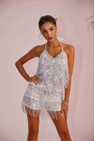 Women's Sexy Suspender Culottes Fashion Spice Girls Halter Sequins Tassel Dress Pants M sidabro baltos spalvos