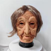 Helovino raganos kaukė su baltu veidu ir akimis, baisus demono galvos apdangalas cosplay Išvarytojo kaukė Short-haired old woman brown
