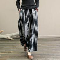 Japoniškos retro dryžuotos medvilnės ir lino plačios kelnės - Moteriškos liekninančios laisvalaikio devynių dešimtadalių vasaros stiliaus M 40-48 kg juoda