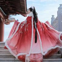 Authentic Hanfu Women's 2026 Style: Waist-length Fairy Skirt with Velvet Cloak Cape – Ancient Costume Large pink