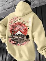Japanese Ukiyo-e Scenery Men's Fuji Mountain Cherry Blossom Back Print Hip Hop Sports Loose Red Hoodie Street Casual Sweatshirt 3XL žalia