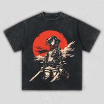 Attack on Titan Mikasa Ackerman Anime Printing T-shirt Men's Clothing Women's 2026 Summer Cotton Washed Short-sleeved T Shirt S red