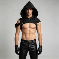 Vyriškas Helovino Cosplay Kostiumas Gotikinis Vampyras Grimasyras Apsiaustas Apranga PU Odos Su Gobtuvu Apsiausto Rinkinys Šventei Scenos Pasiruošimui Karnavalinis Kostiumas XXL beige