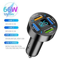 4 prievadų automobilinis įkroviklis PD QC3.0 su voltmetru 66W automobilinio telefono įkrovikliu greito įkrovimo maitinimo adapteris, skirtas iPhone Samsung Huawei Xiaomi