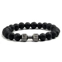 Aukštos kokybės vyrų karoliukų apyrankė Natūralus juodas lavos akmuo Hantelio žavesio apyrankės Energy Fitness Štanga Moterų papuošalai Gun black-lava21cm black