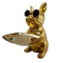 Prancūzų buldogo skulptūra Šuns statulėlė su padėklu ir raktų laikikliu Laikymo dovana Namų dekoras Ornamentai Raudonas dekoras Gyvūno figūrėlė auksas