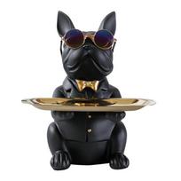 Prancūzų buldogo skulptūra Šuns statulėlė su padėklu ir raktų laikikliu Laikymo dovana Namų dekoras Ornamentai Raudonas dekoras Gyvūno figūrėlė juoda
