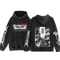 Vintažiniai Anime Berserk Guts Spausdinti Vyriški Moteriški Laisvi Kasdieniai Džemperiai Su Gobtuvu Skalbti Medvilniniai Streetwear Harajuku Vyriški Palaidinės Viršutiniai Drabužiai 2XL black