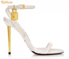 Madingi metalinio kulno užraktu čiurnos dirželio sandalai su apvaliu priekiu slingback vieno dirželio aukštakulniai stiletto kulnas moteriški madingi sandalai spyna 40 white