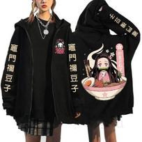Japanese Anime Demon Slayer Zipper Jackets Sweatshirt Nezuko Kamado Mange Y2k Zip Up Hoodies Kimetsu No Yaiba Cartoon Streetwear M black