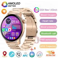 2025 NFC Išmanusis laikrodis Amoled HD GPS Sekimas Sportas Širdies ritmas Bluetooth Skambutis Vandeniui atsparus Moteriškas Išmanusis laikrodis Huawei Xiaomi Steel belt auksas