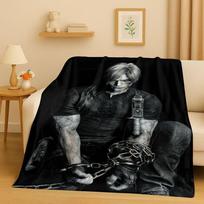 HD Leon R-Resident Evil žaidimo animacinis flanelinis pledas, itin minkštas šiltas pliušinis užtiesalas namų miegamojo lovai sofai, iškylai vaikams 75x90cm beige