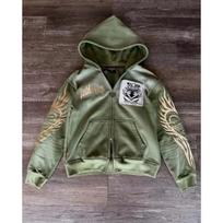 VibeStreet Amerikietiško Roko Gotikinis Grafinis Kailinė Apykaklė Laisvas Užtraukiamas Džemperis Vyrams ir Moterims Y2K Naujas Harajuku Punk Laisvalaikio Su Gobtuvu Streetwear M žalia