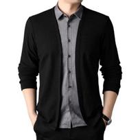 Yousheng Men Shirt Fake Two-piece Cardigan Turn-down Collar Single-breasted Long Sleeves Color Matching Knitted Formal Business Style Top XL gray