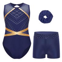 Merginų 3 dalių gimnastikos apranga su raktelio skylute nugaroje, mozaikinė, be rankovių triko, su cirkonio detalėmis, šortai, plaukų raištis 9-10 Years tamsiai mėlyna spalva