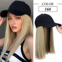 Sintetinis kepurės perukas su ilgais tiesiais juodais plaukais Beisbolo kepurė Plaukų priauginimas Stilingas Patogus Viskas viename dizainas moterims 18inch black