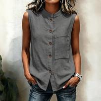 Women's Sleeveless Blouse with Mandarin Collar Button Front and Pocket Casual Top M gray